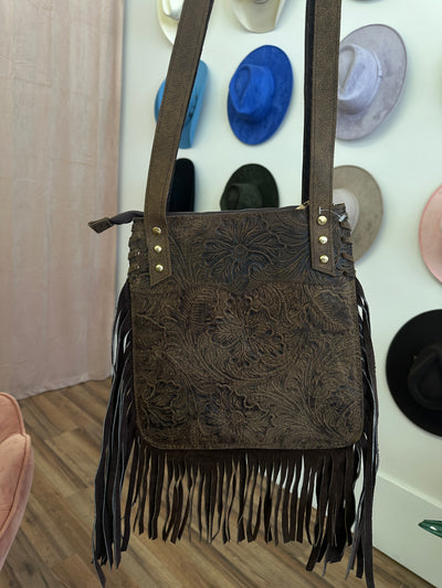 Tooled tote bag with fringe