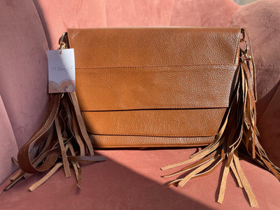 square brown leather purse with cowhide